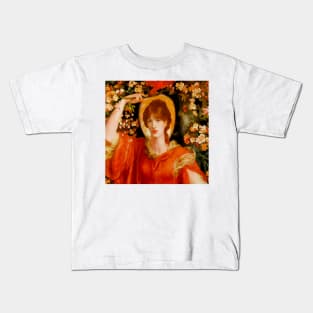 Red-haired girl in red clothes in the garden with flowers Kids T-Shirt